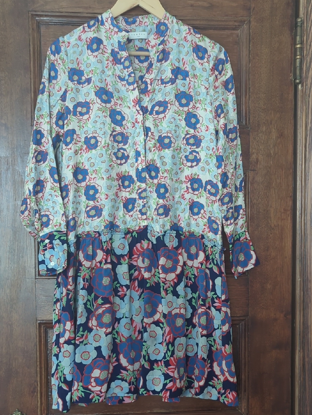 Sandro Floral Mini Dress Long Sleeve Blue Green Print Size S/M (36) - Flawed